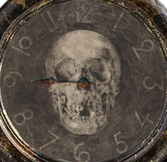 An old, seemingly burned brass clock. Its face has a faded skull behind it and hand-written numbers. There is only a single hand on it that seems warped between the colors red and blue. The hand points to the number 9.